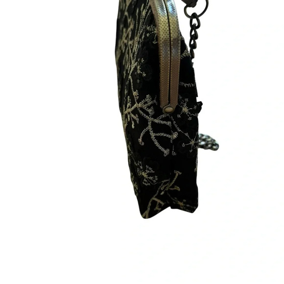 Evening Floral Top Handle Shoulder Handbag Black Gold Chain Vintage Look - Picture 7 of 11